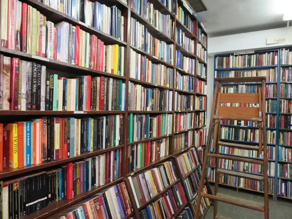 Rows of books on library shelves
